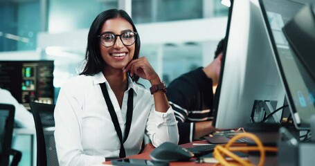 Aufkleber - Happy, woman and face of programmer by computer in office for web development project with deadline. Smile, confident and portrait of female coder with pride for IT career by technology in workplace.