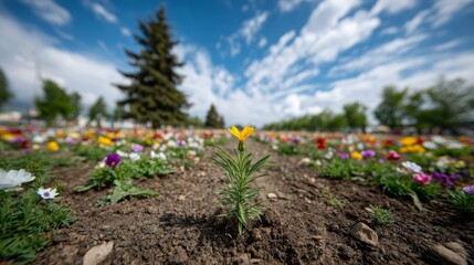 Poster - Wide-angle view captures a vibrant flowerbed alive with colorful flowers and a newly planted sapling in rich soil, celebrating the essence of gardening