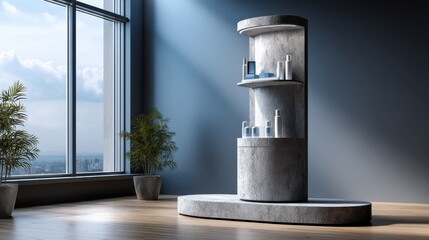 Poster - A large, white, concrete pillar with a shelf on top of it