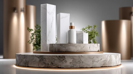 Poster - A display of white and gold items with a green plant in the middle