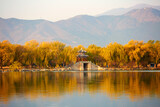 Beijing Summer Palace autumn landscape with lake and traditional buildings of pavilion and tower