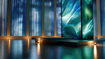 Poster - A room with a blue wall and a green object in the middle