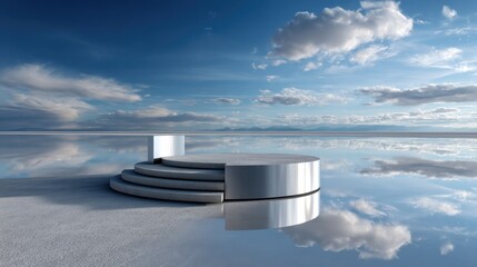 Poster - A large, round stage is set on a beach with a beautiful blue sky