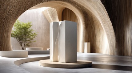 Poster - A white sculpture sits in a room with wooden walls and a tree in the background