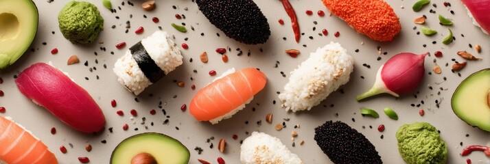 Poster - Colorful Sushi Ingredients Arranged Artfully on a Neutral Surface Showcasing Vibrant Flavors and Textures