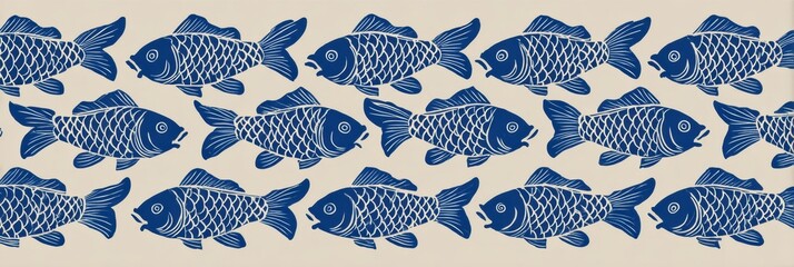 Poster - Japanese-style Fish Print Pattern Features Bold Blue Fish Swimming on a Light Background With a Clean Central Area for Design Flexibility