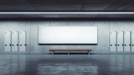 Poster - Empty locker room with blank billboard and bench.