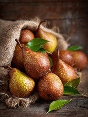 Aufkleber - Fresh Pears Arranged on Burlap With Vibrant Green Leaves, Showcasing Natural Textures and Colors in a Rustic Setting