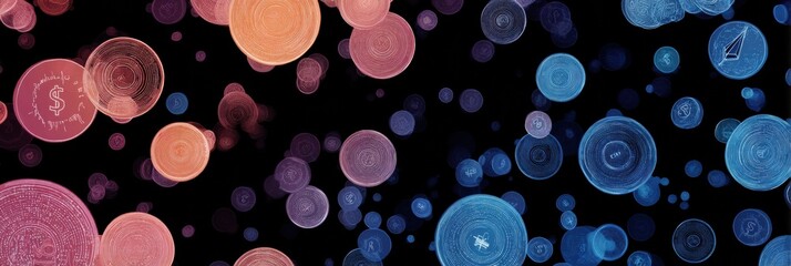 Leinwandbilder - Abstract Representation of Colorful Circles and Price Icons Floating in a Dark Space Highlighting Digital Currency Dynamics