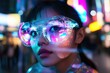 © AlparadiseDesign - Futuristic woman wearing large, reflective glasses in a vibrant city.