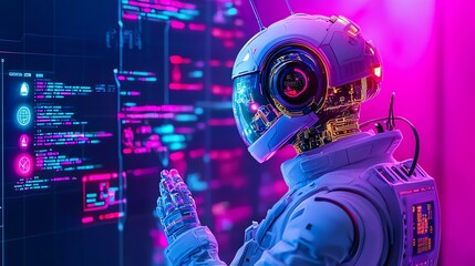 AI identity interface Futuristic astronaut engaging with digital interface. future tech profile, digital character layout.