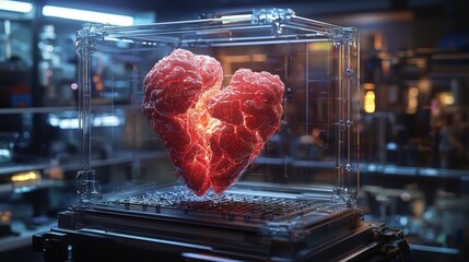 A fractured heart suspended in a futuristic display case.