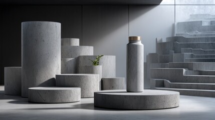 Poster - A bottle of water sits on a pedestal in front of a series of concrete pillars