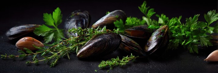 Aufkleber - Mussels and Fresh Herbs Arranged Beautifully on a Dark Background Highlighting Culinary Elegance