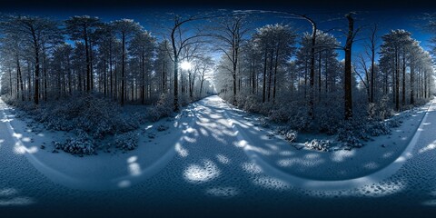 Poster - Enchanted Winter Forest Pathway Illuminated by Soft Light and Snowfall - Equirectangular 360 degree landscape