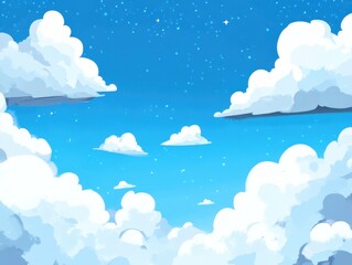 Wall Mural - Cartoon Clouds in Blue Sky with Stars Illustration Low Angle View Background for Kids Childrens Book Cover Art