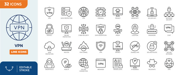 VPN line editable icon set. Containing secure connection, cybersecurity, privacy, encrypted, proxy, firewall, online protection and more. Editable stroke. Vector illustration