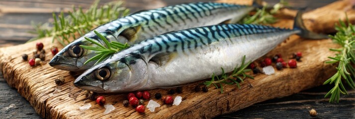 Poster - Fresh Mackerel Fish Garnished With Herbs Displayed on a Wooden Board, Ready for Culinary Preparation in a Rustic Kitchen Setting
