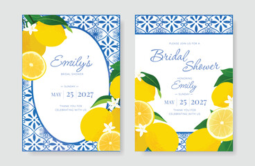 Fototapete - Indigo Italy summer invitation card vector. Italian poster with lemon, Blue Mediterranean tiles pattern, summer element. Design for wedding card, greeting card, bridal shower, cover.