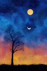 Wall Mural - Watercolor Painting of Night Sky with Moon Crescent and Tree Silhouette at Dusk Beautiful Artistic Illustration