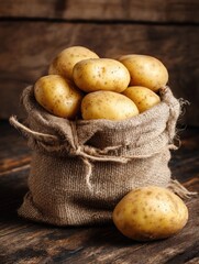 Poster - Fresh Potatoes in a Burlap Sack on a Wooden Floor With Soft Light Illuminating the Natural Textures and Colors
