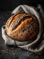 Poster - Artisan Bread Featuring a Rich Blend of Seeds Resting on Linen With Bright Highlights Creating a Warm Atmosphere