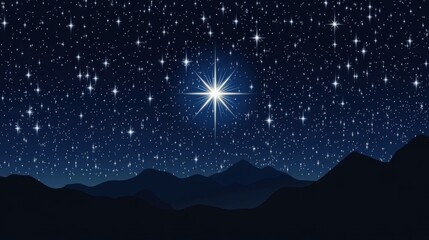 Wall Mural - night sky starry scene with mountains and bright star shining above landscape illustration holiday s