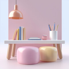 Poster - Minimal pastel study desk with books, pencils, and soft stools, creating calm and inviting workspace vibe