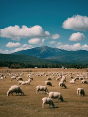 Fototapete - Sheep Grazing Peacefully Under a Bright Sky Near Rugged Mountains During a Sunny Day in the Countryside