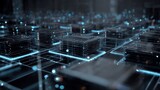 Abstract Digital Network Technology Background Futuristic Data Server Cubes Blue Neon Lights Modern Design Clean Geometric Structure High Tech        