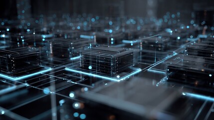 Abstract Digital Network Technology Background Futuristic Data Server Cubes Blue Neon Lights Modern Design Clean Geometric Structure High Tech        