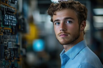 Aufkleber - Young man with curly hair, serious expression, standing near a circuit board. He appears to be an engineer or technician.