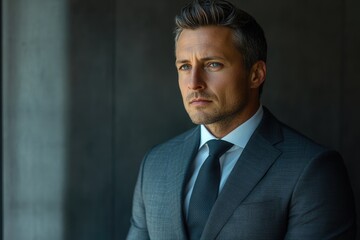 Poster - A pensive businessman in a sharp suit looks out a window, contemplating his next move.