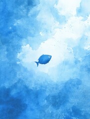 Poster - Central Fish Swimming in a Clean Blue Watercolor Background With Gentle Hues and Soft Textures