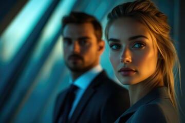 Poster - A woman stands confidently, a man subtly in the background, both stylishly dressed in a dimly lit urban setting.