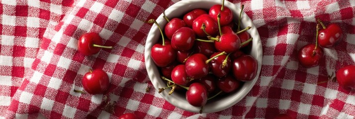 Aufkleber - Bright Red Cherries in a Bowl on a Red and White Gingham Cloth Captured in Natural Light