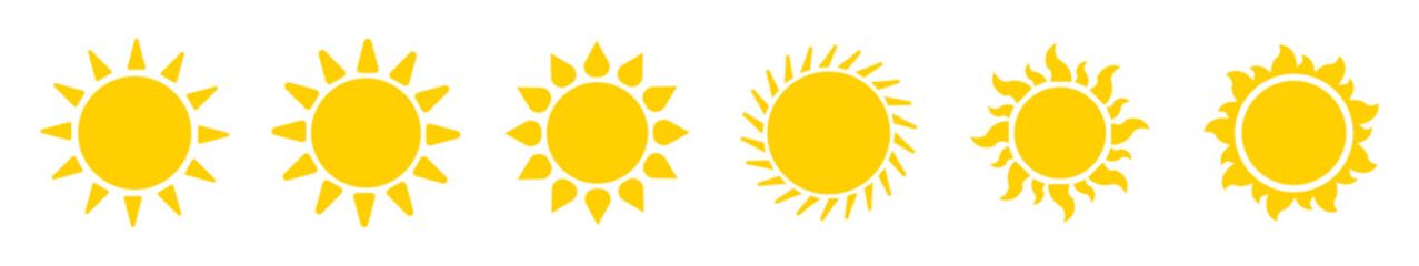 Wall Mural - Sun vector set of six in yellow color isolated on white background. Sun simple icons collection, sunshine and solar glow, morning, sunrise or sunset. Vector illustration.