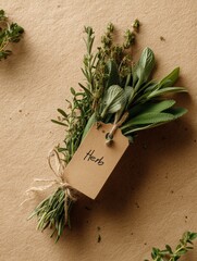 Poster - Herb Bundle on Beige Backdrop Featuring Label Tag for Identification and Natural Presentation