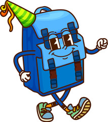 Poster - Cartoon groovy school backpack character in party hat. Isolated vector retro bag or rucksack stationery personage with a friendly face, and playful expression, ready for children educational adventure