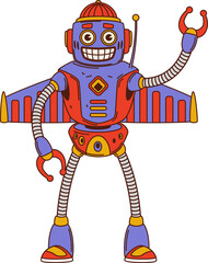 Aufkleber - Cartoon groovy robot character with metallic wings, buttons and hippie funky vibe. Vector retro droid with happy comic face, claws and wide smile. Funny mechanical y2k personage with expressive eyes