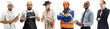 © master1305 - Collage made of different people showing various professions like chef, butcher, farmer, builder, businessman, businesswoman, isolated on transparent background. Horizontal banner
