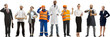 © master1305 - Collage. Full-length of different men and women of various professions, such as businessman, chef, businesswoman, builder, doctor, butcher isolated on transparent background. Banner