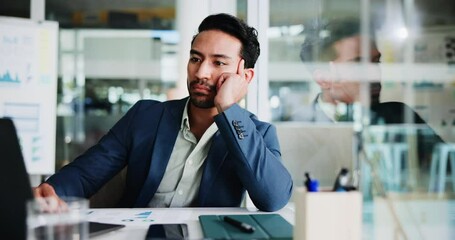 Aufkleber - Businessman, thinking and reading with laptop for administration, research or reflection in office. Idea, information and review with employee in workplace for feedback, problem solving or report