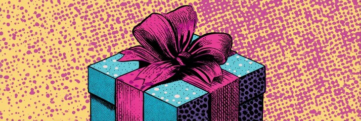 Poster - Pop-art Style Gift Graphic With Vibrant Colors and Dotted Background Showcasing Fun Celebration Spirit