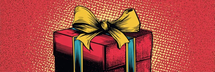 Poster - Colorful Pop-Art Gift Graphic Featuring a Bold Dotted Background and Bright Ribbon, Perfect for Celebrations and Special Occasions