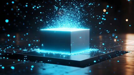 Wall Mural - Glowing Blue Box Emitting Vibrant Light Surrounded by Sparkling Particles