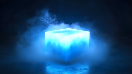 Wall Mural - Glowing Box Emitting Vibrant Blue Light Surrounded by Mystical Fog