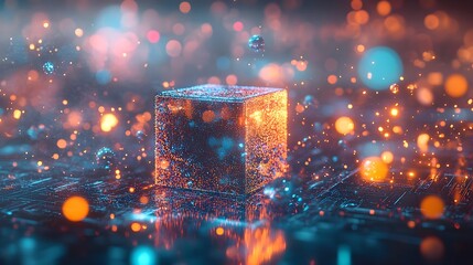 Wall Mural - Vibrant Blue Light Emitting From Glowing Box Surrounded By Particles