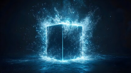 Wall Mural - Glowing Blue Box Emitting Vibrant Light Surrounded by Dynamic Splash
