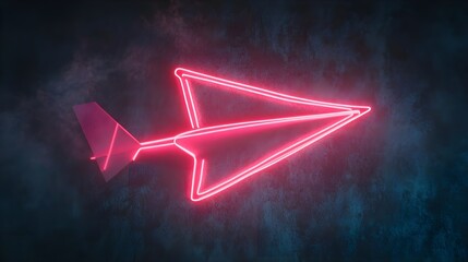 Wall Mural - Neon Pink Airplane Paper Outline Glowing Against Dark Background